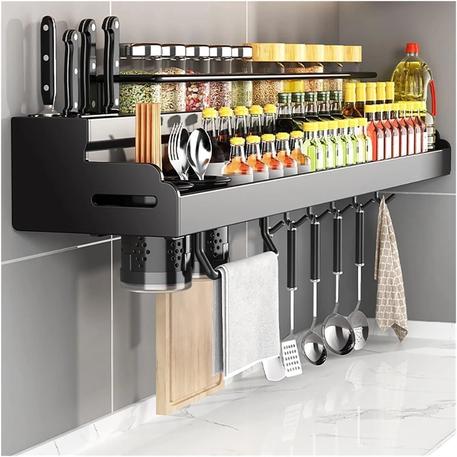 Wall-mounted stainless steel double-layer multifunctional kitchen spice rack