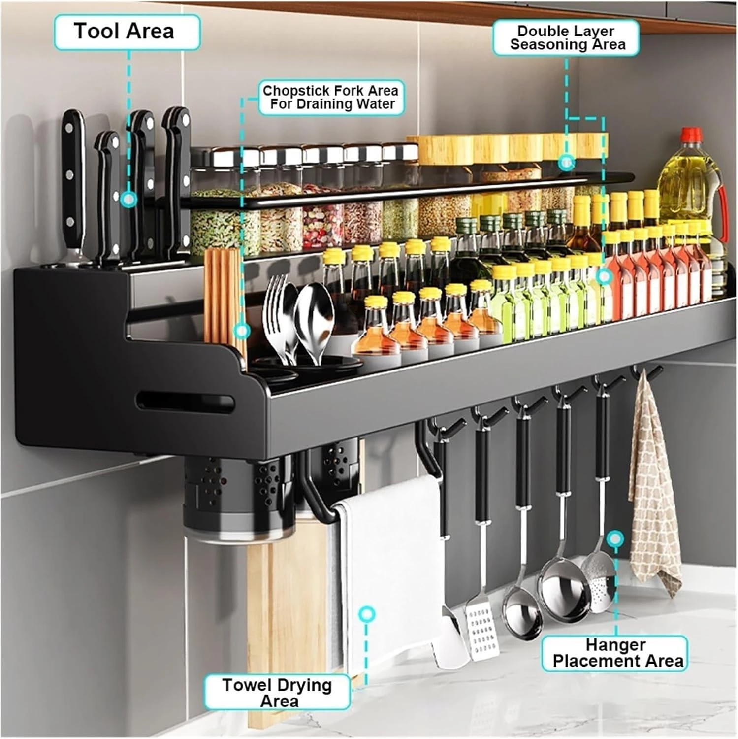Wall-mounted stainless steel double-layer multifunctional kitchen spice rack